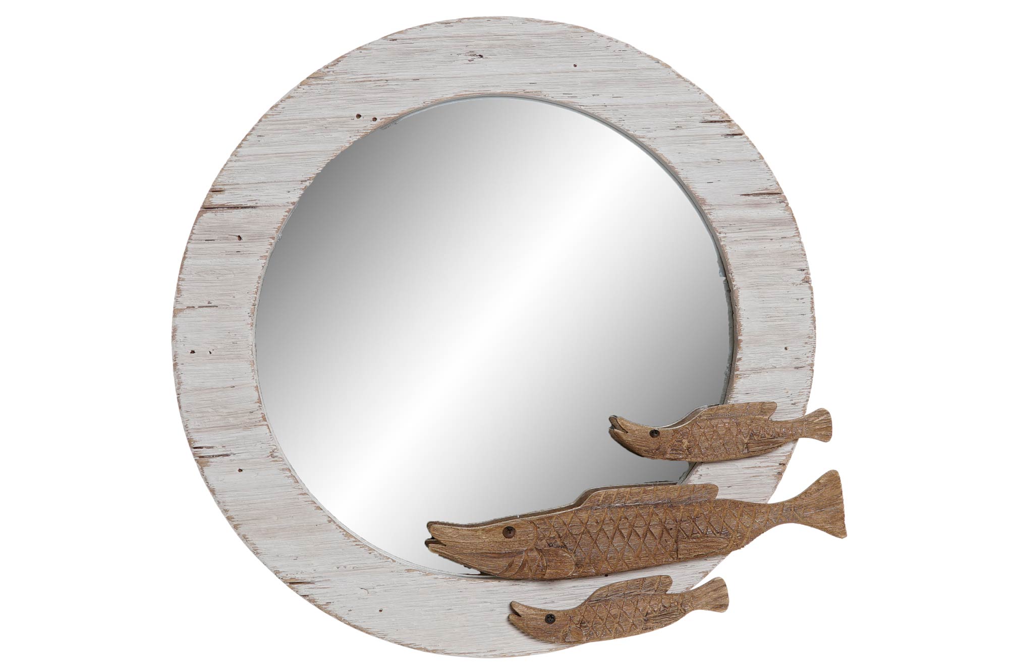 Whitewashed Round Mirror with Fishes