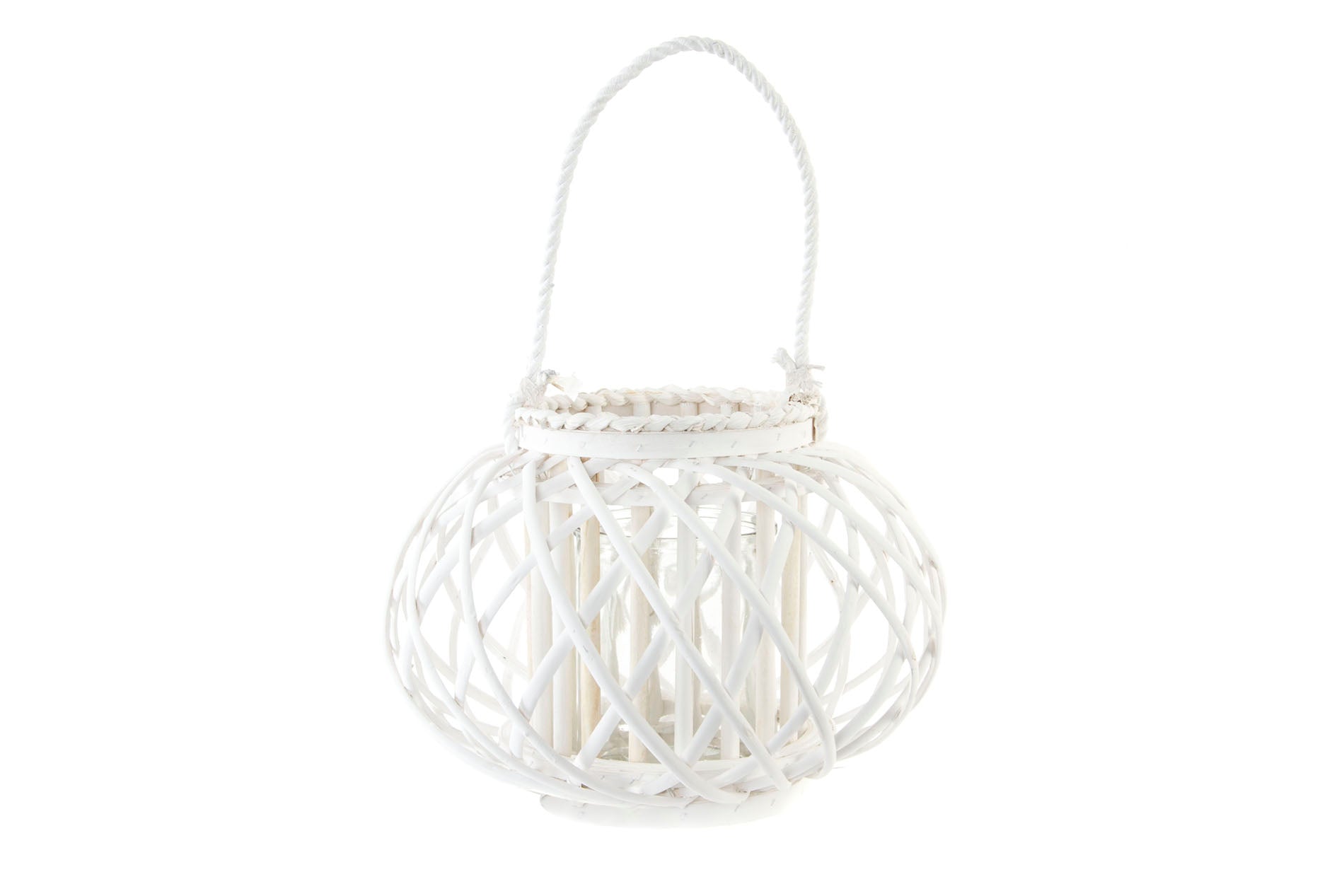 Wicker Candle Holder with glass in white