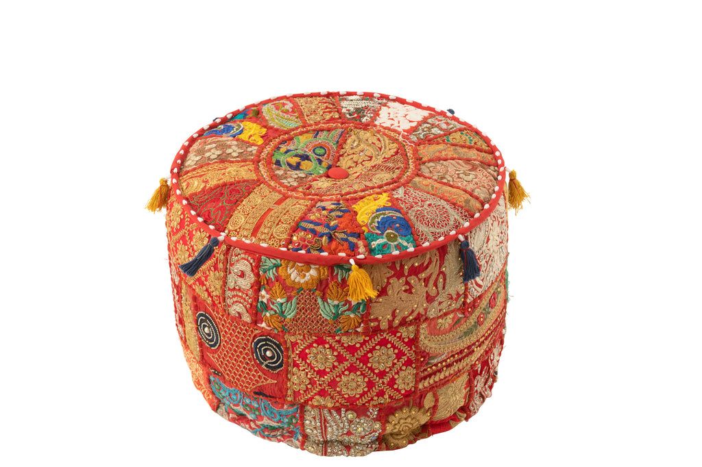 Pouf Round Patterns+Tassels Cotton Red - vivahabitat.com